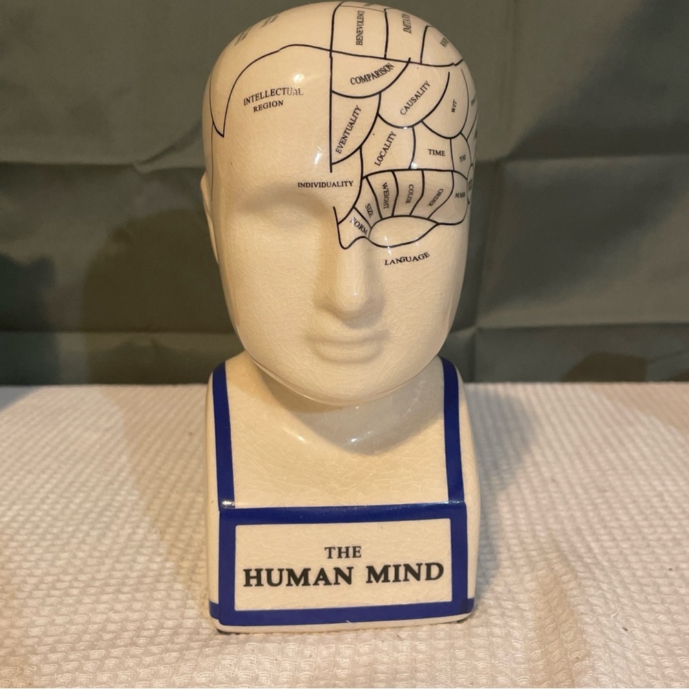 💚7.5” tall ceramic glass bust “The human mind” psychology cream blue